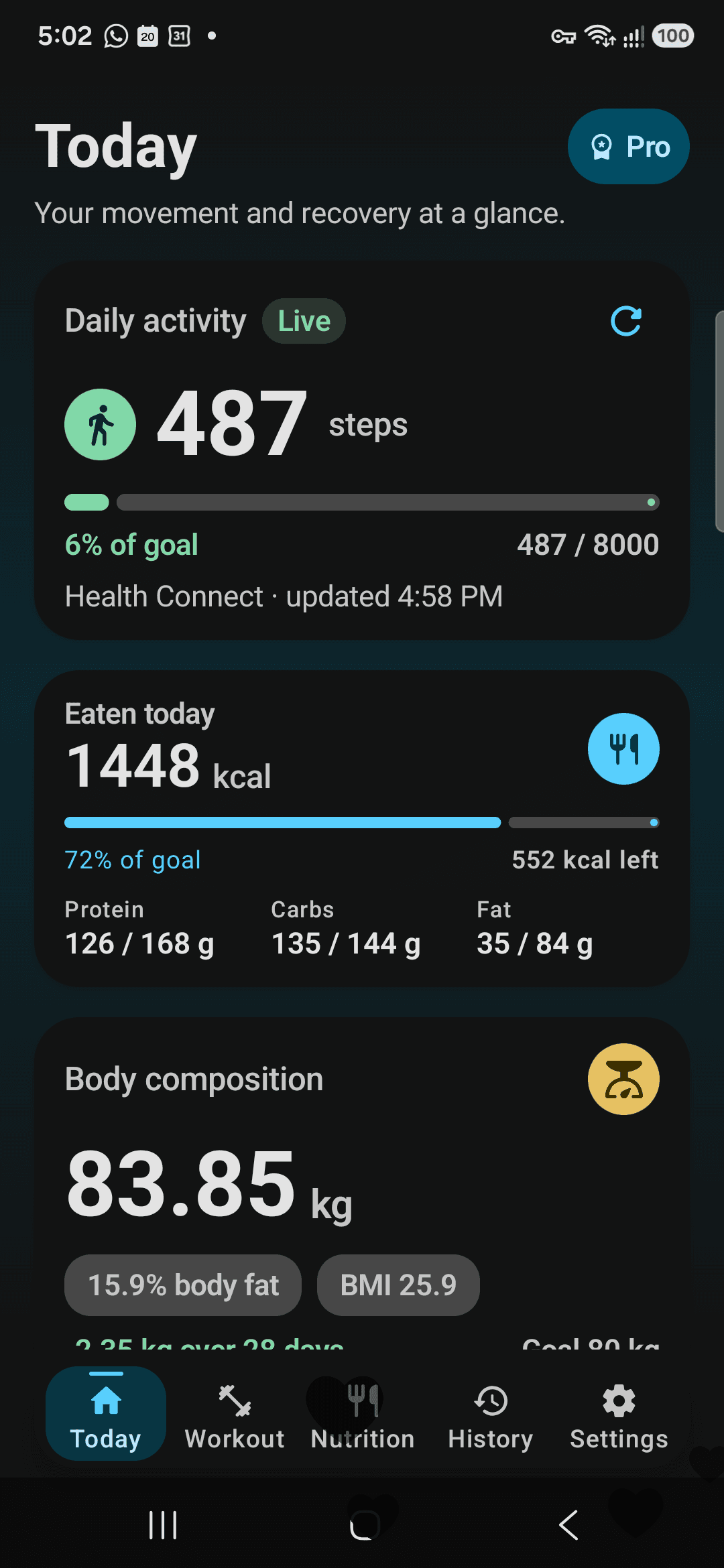 The Fitmeister Today screen showing daily steps, calories eaten, and body composition.